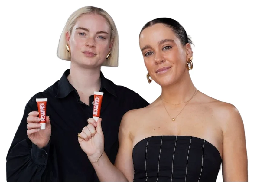Lucy and Annabel Hay, each holding up a tube of CLUTCH Glue